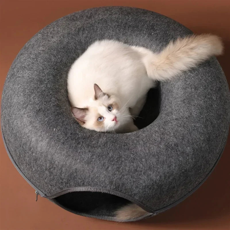 2-in-1 Felt Cat Tunnel Bed & Interactive Donut House