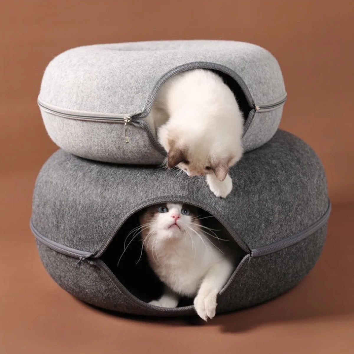 2-in-1 Felt Cat Tunnel Bed & Interactive Donut House