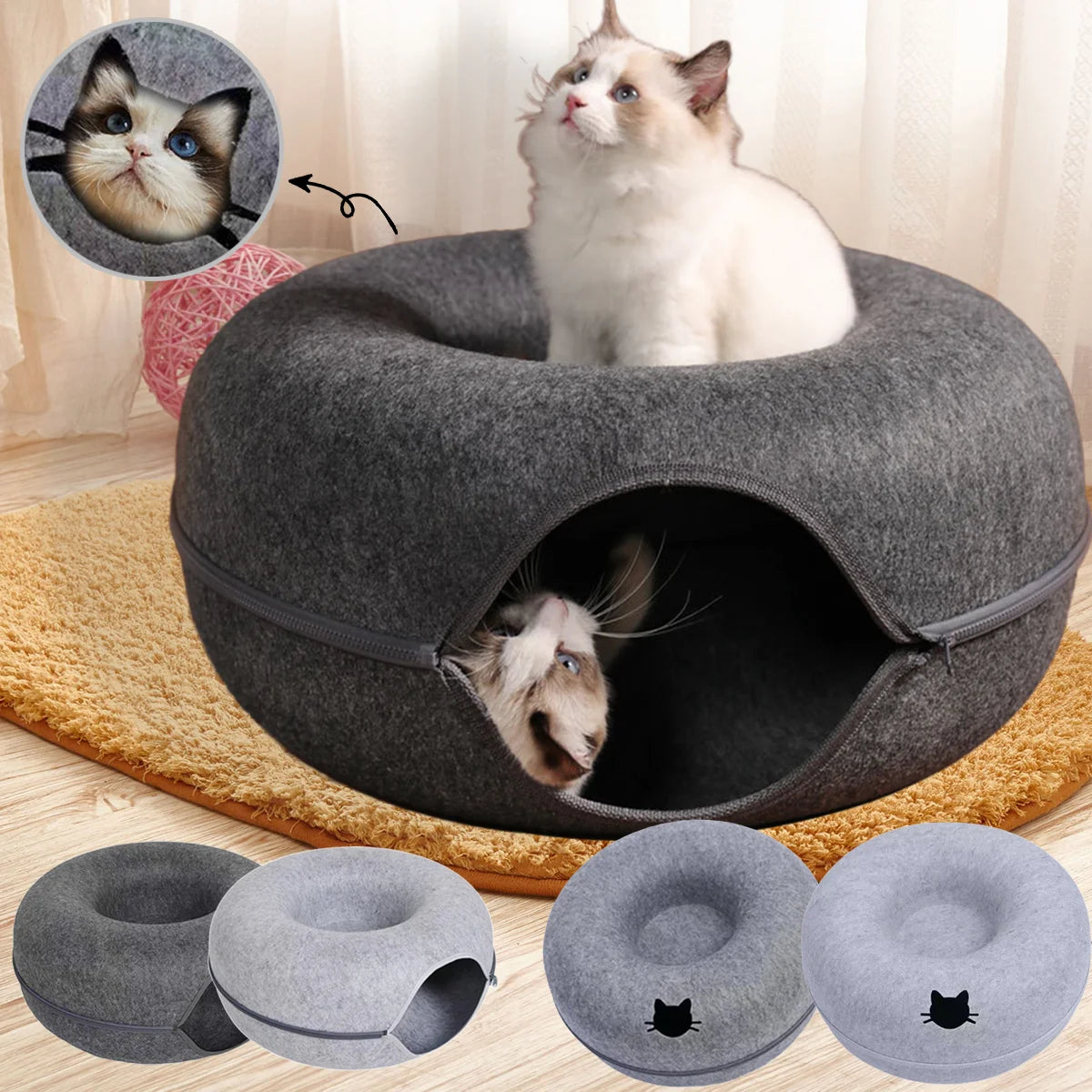 2-in-1 Felt Cat Tunnel Bed & Interactive Donut House