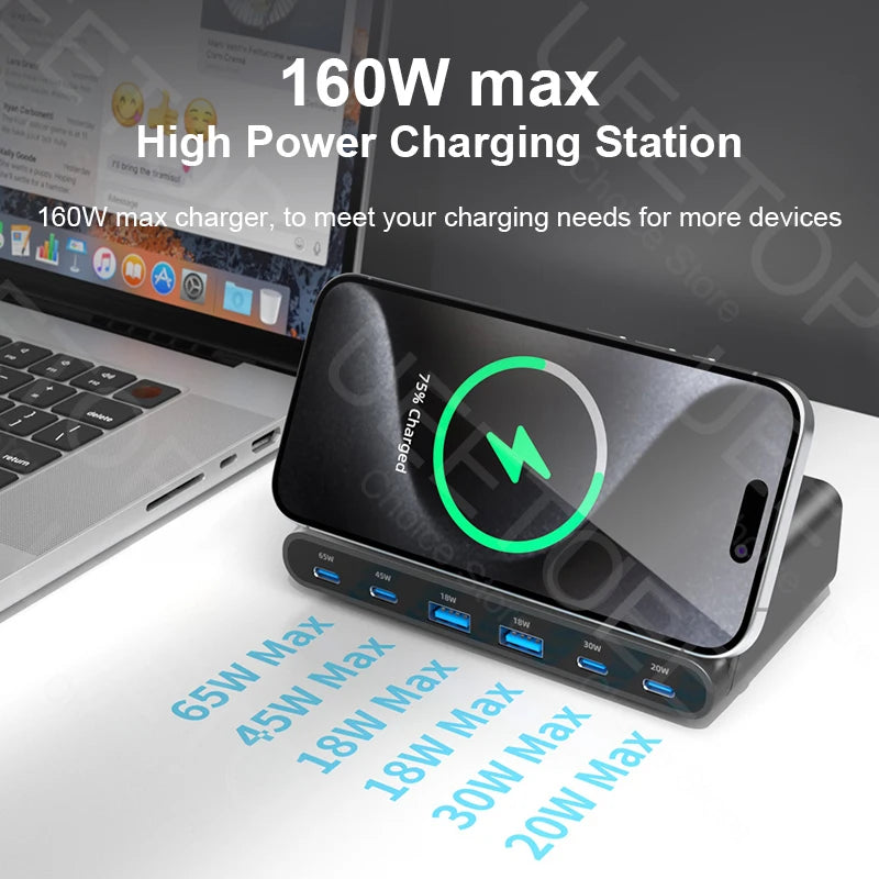 Ueetop 160W GaN USB Charging Station with Wireless Charger