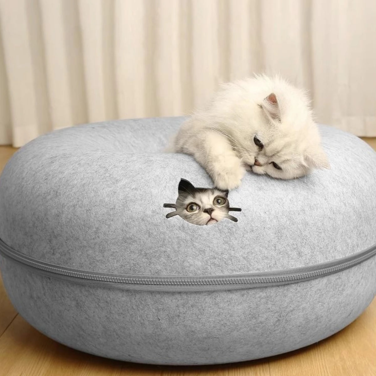 2-in-1 Felt Cat Tunnel Bed & Interactive Donut House